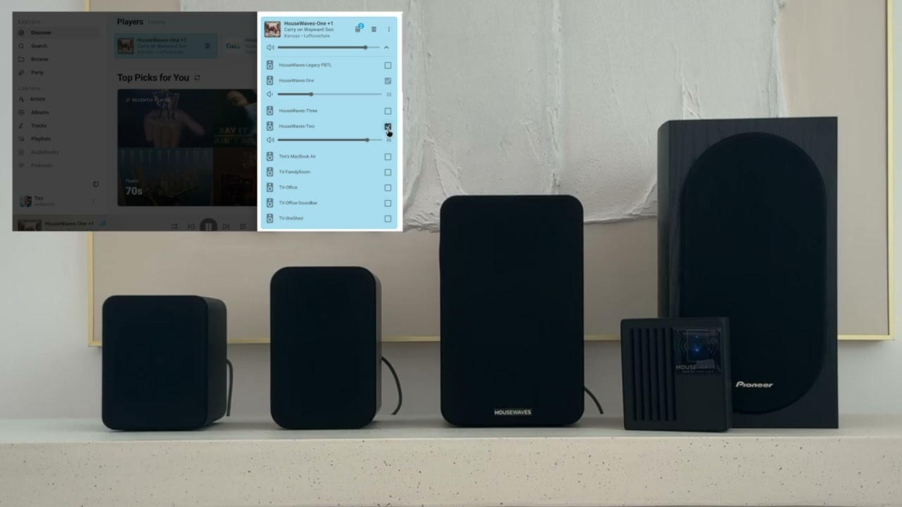 HouseWaves speaker demo — four speakers playing in sync with Music Assistant