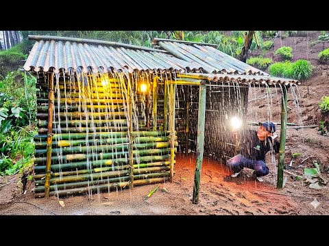 BUSHCRAFT: Building a Bamboo Shelter in a Heavy Thunderstorm ⛈️ Survival ASMR