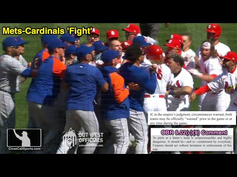 Ejections 014-15 - Mets and Cardinals Clear Benches After Yoan Lopez Buzzes Nolan Arenado Near Head