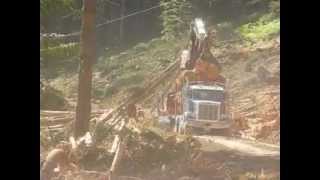 preview picture of video 'Yarder and carriage drags logs into landing for logging truck.'