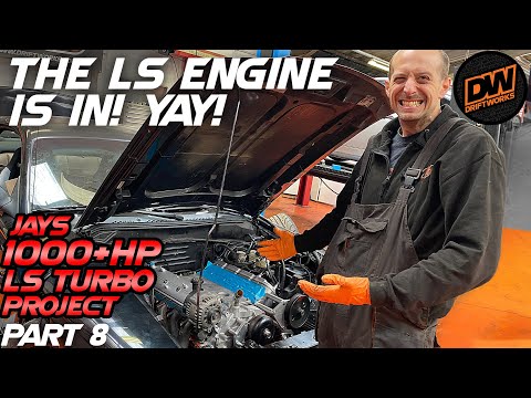 The LS engine goes in! Jays 1000+ hp LS Turbo Mustang project Part 8