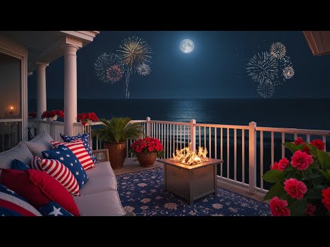 Cozy Coastal 4th of July Beach Ambience 🎆 Ocean Waves and Crackling Fire Sounds for Sleep or Focus