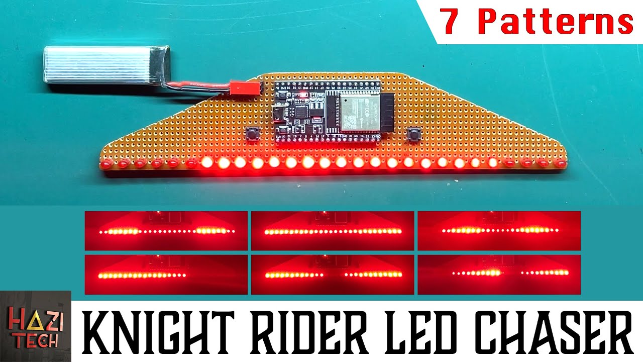 Knight Rider LED Chaser With Fading Tail | FREE Code | 7 Patterns | Speed Control | ESP32 Arduino YouTube thumbnail