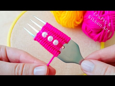 It's so Beautiful !! Super Easy Flower Design Trick with Fork - DIY Woolen Flowers - Hand Embroidery