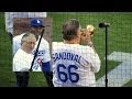 Arturo Sandoval Dodgers Nat. Anthem & Meets Yasiel Puig - Fellow Cuban 4-6-14