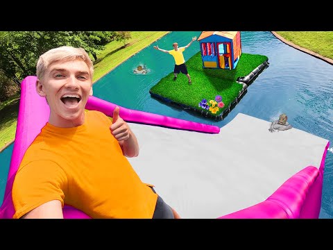 LAST TO LEAVE INFLATABLE ISLAND on BACKYARD POND WINS $10,000!! (Pond Monster Hiding In Water Slide) Video
