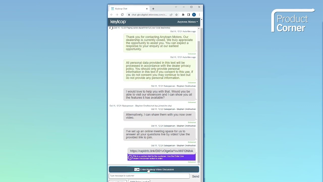 How To Create a Keyloop Video Virtual Showroom Link in a Keyloop Text Conversation