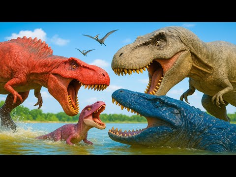 Mosasaurus, T-rex vs Spinosaurus and Giant Shark in the River | 🦖 Jurassic World Toys Movie Funniest