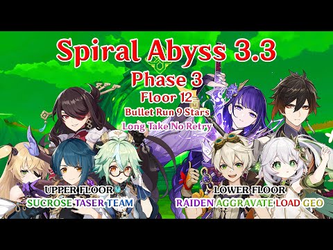 Spiral Abyss 3.3 Phase 3 - Floor 12 - Bullet Run 9 Stars - Sucrose Taser + Raiden Aggravate-Load Geo