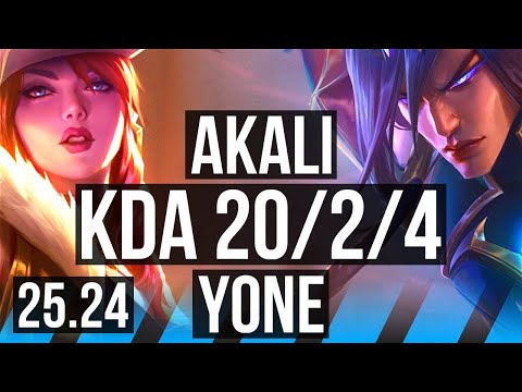 AKALI vs YONE (MID) | 44K damage, Good KDA: 20/2/4 | EUW Master | 25.24