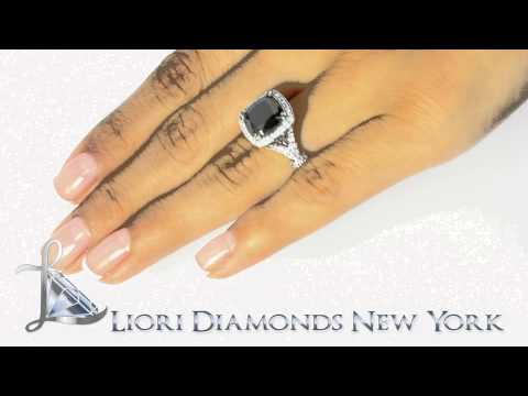 BDR-SOLD-061 - 5.15 Carat Certified Cushion Cut Black Diamond Ring 18k Pave Halo Vintage Style