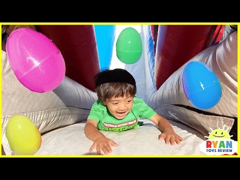 HUGE EGGS SURPRISE TOYS CHALLENGE for kids on inflatable slides