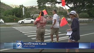 Residents install flags for pedestrians crossing busy Kalanianaole Hwy.