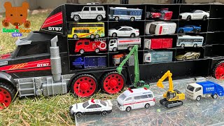 Big Car Carrier Looks for 21 Tomica Diecast Cars Hiding in Many Places 【Kuma's Bear Kids】