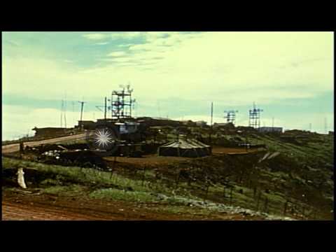 Radio antennas and towers at US 4th Infantry Division headquarters in Vietnam dur...HD Stock Footage