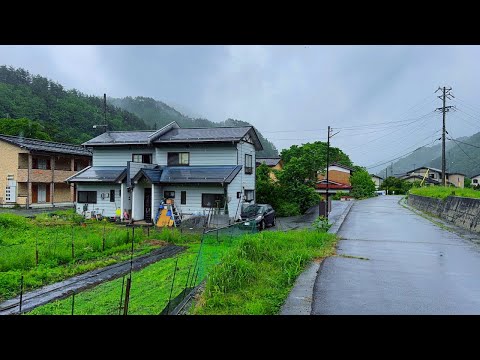 Heavy Rain Walk Japanese Countryside Village Nagano, Umbrella Rain Sounds 4K Summer in Japan