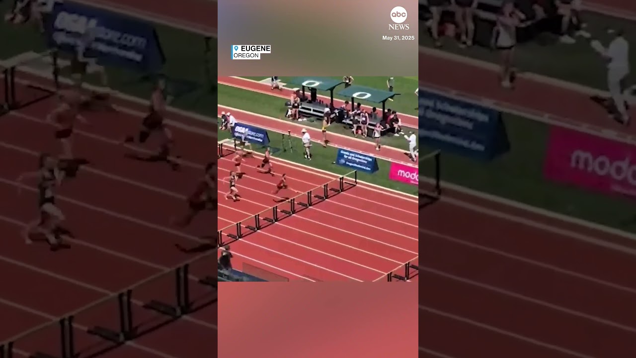 Een getalenteerde middelbare scholier maakt salto's op weg naar de finish.