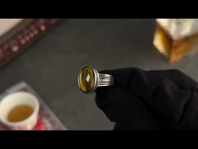 خاتم رجالي فضة بحجر عين النمر البارز بتصميم كلاسيك...