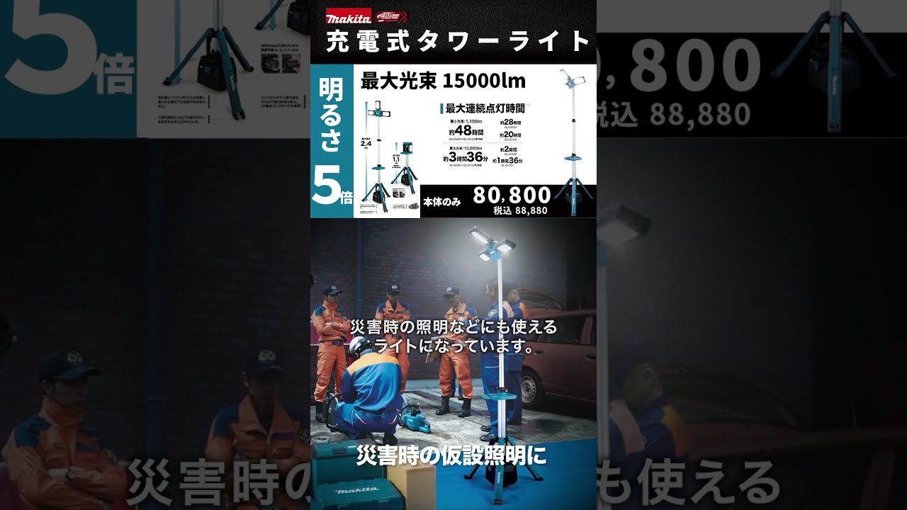 最大15,000lmの圧倒的明るさ！マキタ 充電式タワーライト ML014G 登場！