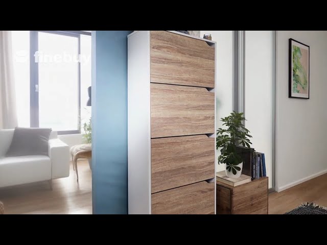 Video Teaser für FineBuy Schuhkipper 4 Fächer 24 Paar Schuhe Schuhkommode Schuhschrank Sonoma