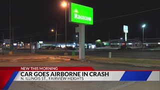 Car goes airborne, hits Regions bank sign in Fairview Heights, Illinois