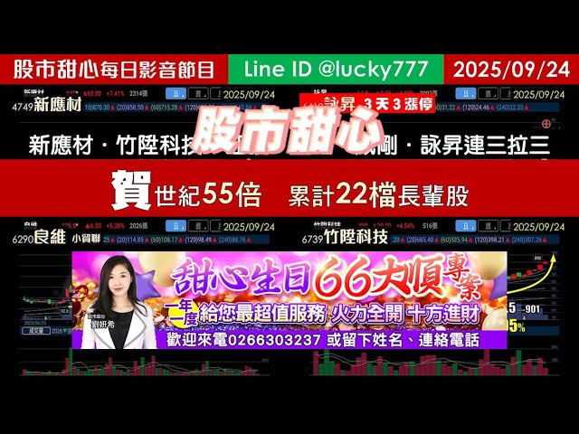 0924【甜心盤後影音】狂賀世紀55倍！累計22支長輩股，新應材．竹陞科技．旺矽．良維．威剛．詠昇連三拉三