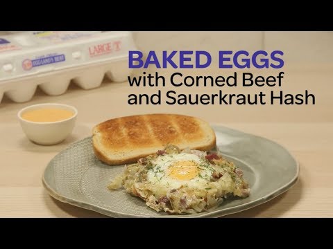 Baked Eggs with Corned Beef and Sauerkraut Hash