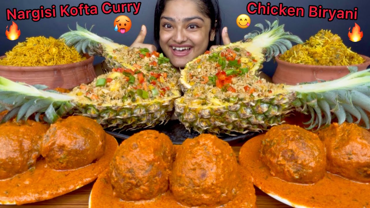 CHICKEN BIRYANI, PANEER BIRYANI AND SPICY NARGISI KOFTA CURRY WITH PINEAPPLE FRIED RICE ON & RAITA