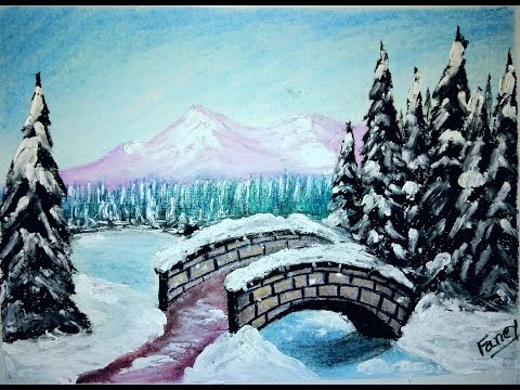 Painting a Snowy Winter Bridge With oil pastel🎨---🎨---🎨--🎨----🎨 Video