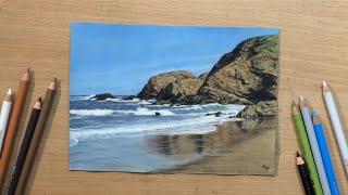 Seascape Drawing in Colored Pencil | Wet Sand on a Beach