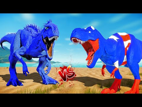 Blue Malusaurus vs T-Rex Captain America vs Spider-Man Spinosaurus Dinosaurs Fighting 🌍 JWE