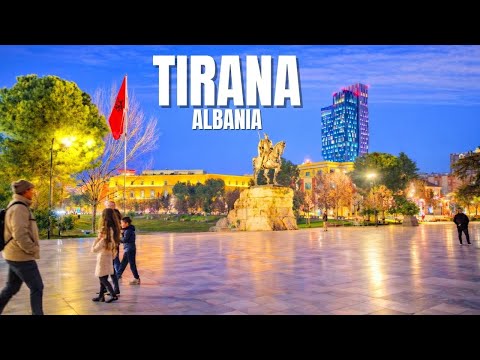 TIRANA, ALBANIA, DOWNTOWN EVENING WALK VLOG, NEW BAZAAR - SKANDERBEG SQUARE [4K HDR with SUBTITLE]