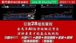 1125【甜心盤後影音】狂賀28檔長輩股，金馬年AI漲價鏈輪流噴出！今國光45%．光聖40%．創意．南俊國際．金居．威剛．「甜蜜蜜．微通道蓋板」，深耕產業才能贏在起跑點