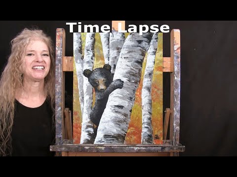 How to Draw and Paint "BEAR CUB AND BIRCH TREES" - Time Lapse - Pallette Knife Acrylic Paint Lesson