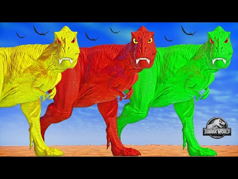 20 Colorful T-Rex vs 20 Ultimasaurus vs 20 Spinosaurus vs 20 Carnotaurus Dinosaurs Fighting - JWE