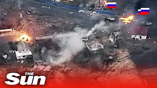 Ukrainian tank single handedly destroys massive Russian convoy east of Kyiv