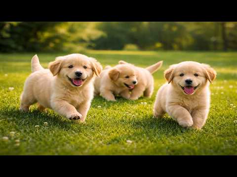 🐶🐾 Cute Golden Puppies Running on Green Grass | Relaxing Dog Video | Soothing Dog Sounds
