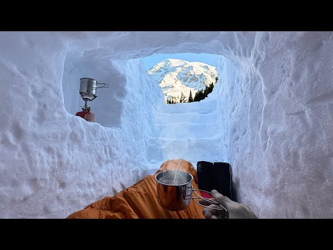 Building & Survival Camping in DEEP SNOW Shelter | 12ft (4m) Deep Snow Cave!