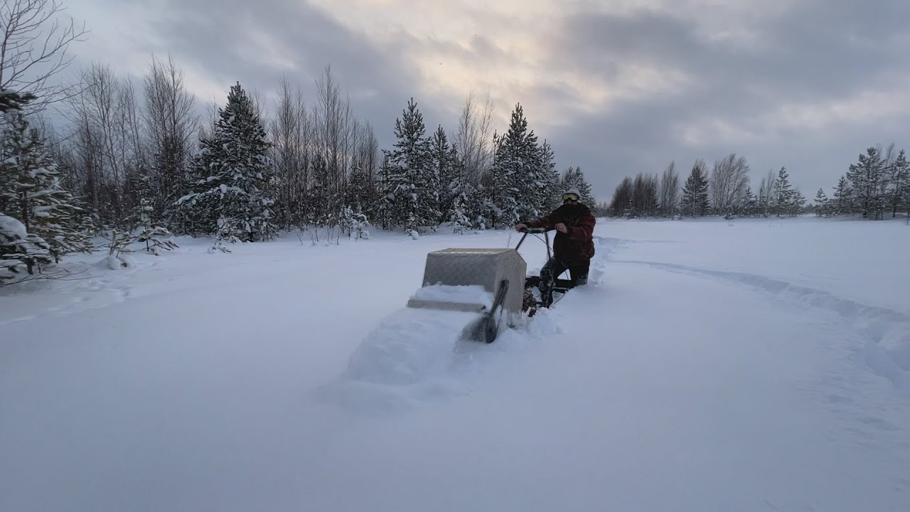 Тест - мотобуксировщик с узкими волокушами, глубина 70см.