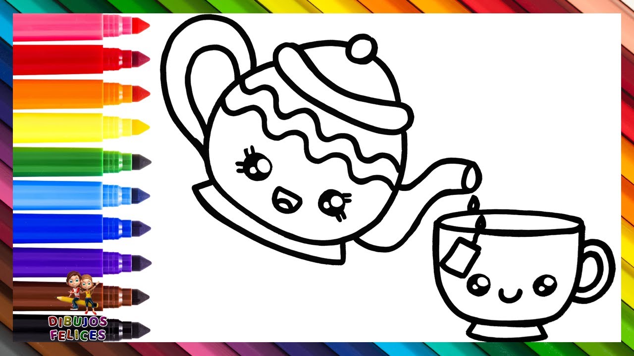 Dibuja y Colorea Una Linda Tetera Y Una Taza De Té 🫖☕🌈 Dibujos Para Niños