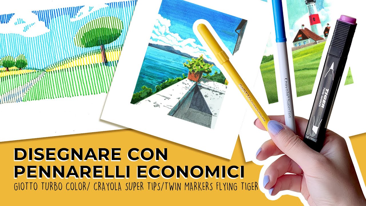 Disegnare paesaggi con pennarelli economici - GIOTTO, CRAYOLA, FLYING TIGER