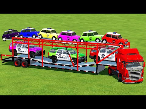TRANSPORTING POLICE MINI COOPER, SKODA, RENAULT & CHEVY WITH SCANIA TRUCKS! Farming Simulator 22