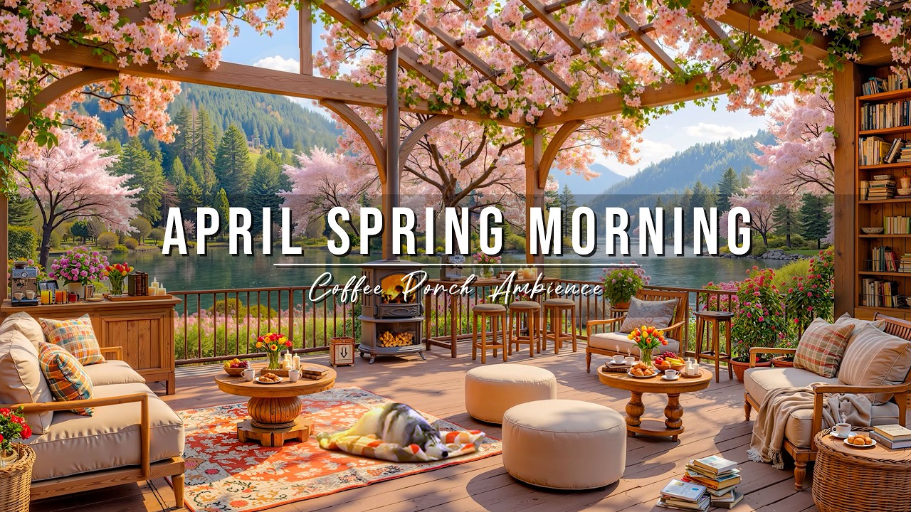 Calm April Spring Morning 🌸 Cozy Lakeside Coffee Porch Ambience & Jazz Relaxing Music for a Good Day