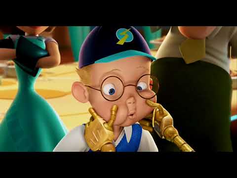 Meet the Robinsons trailer frame with Lewis and Wilbur in the time machine above the future city