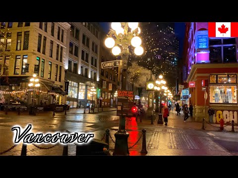 🇨🇦🎄【4K】Vancouver Night Walk - Gastown to Granville Street (December 2020)