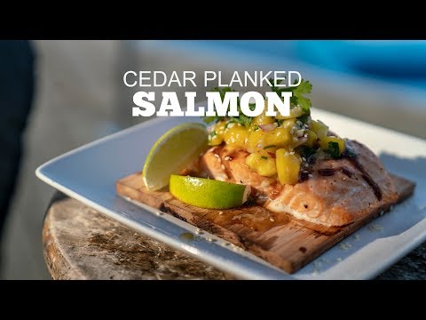 Cedar Planked Bourbon Glazed Salmon With Mango Pineapple Salsa