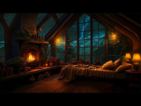 Cozy Ambience | Rainy Day Retreat with Thunderstorm and Fireplace