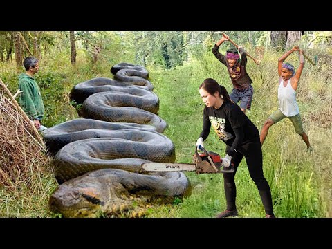 Female hunter uses chainsaw to confront 18 meter long python while harvesting on Forbidden Mountain