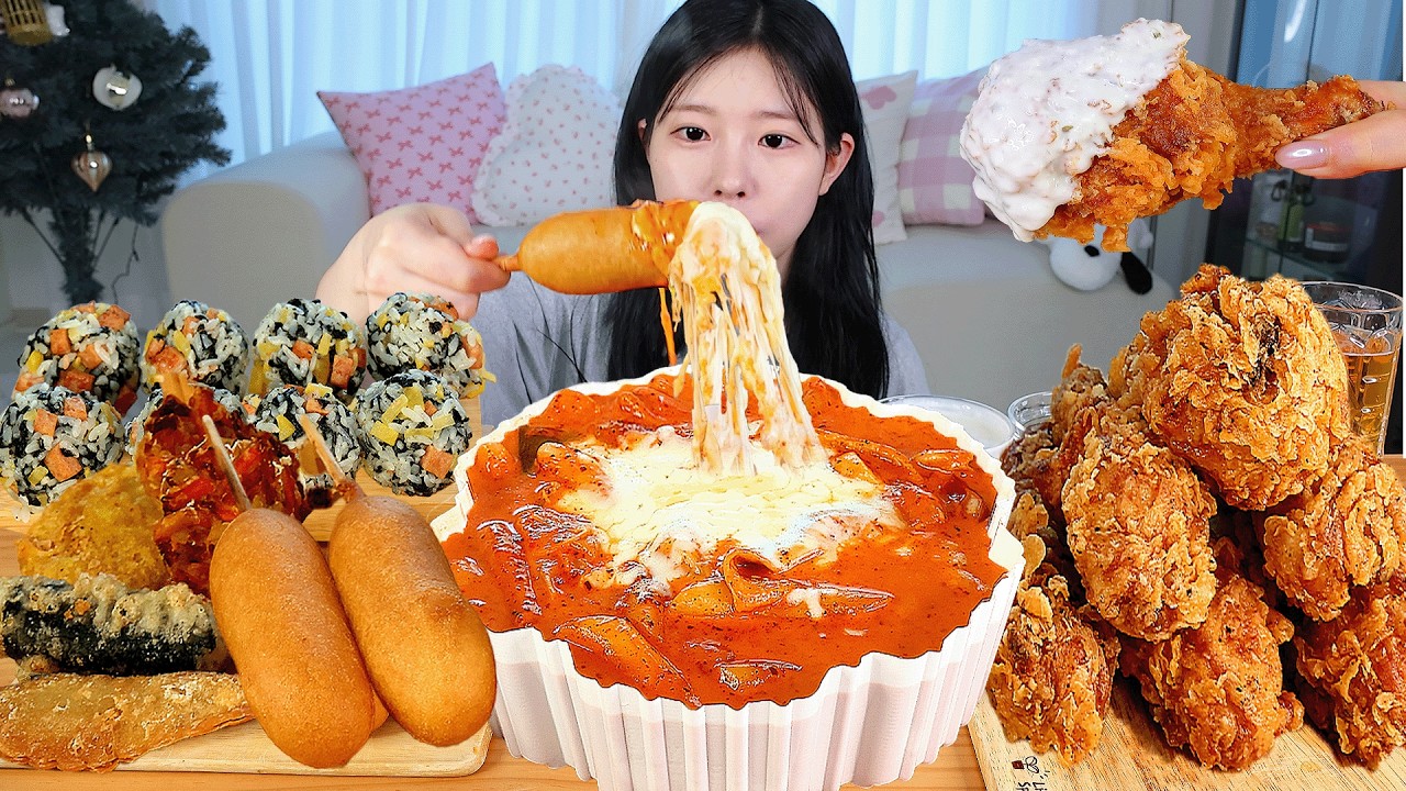 ASMR MUKBANG| 엽기 로제 떡볶이 후라이드 치킨 핫도그 주먹밥 먹방 & 레시피 FRIED CHICKEN AND Tteokbokki EATING