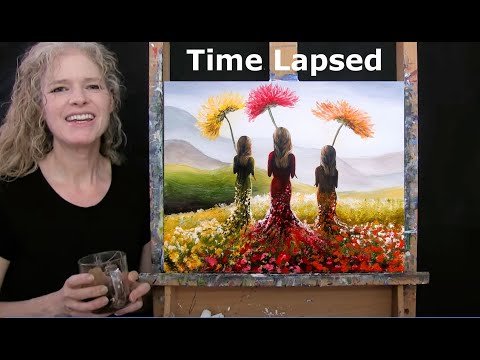TIME LAPSED version of How to Paint FANTASY FLOWER FIELD with Acrylic Paint Tutorial